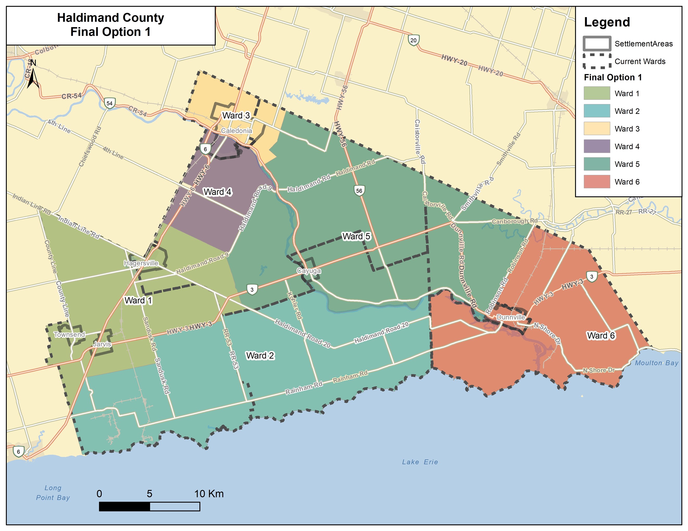 A map of Haldimand County ward boundaries for final recommended option one.