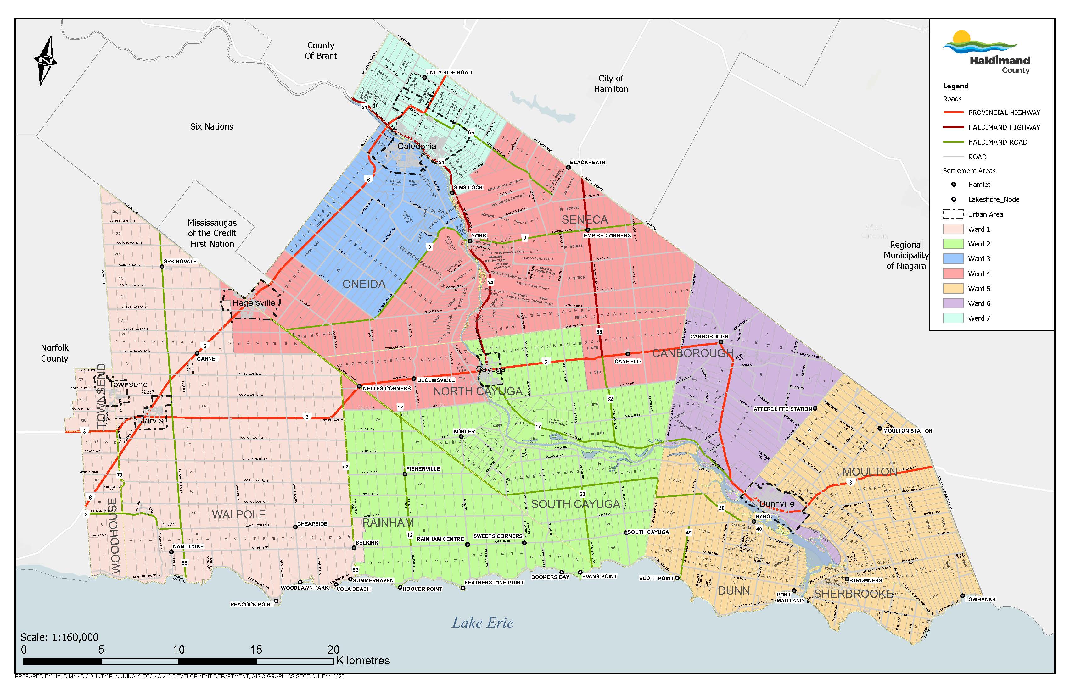 A map of Haldimand County seven ward boundaries.