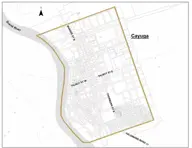 Map of Cayuga, which is centrally located within the County at the crossroads of Highway 3 (Talbot Road) and County Road 54 (Munsee Street). The study area boundary encompasses the urban boundary of Cayuga.