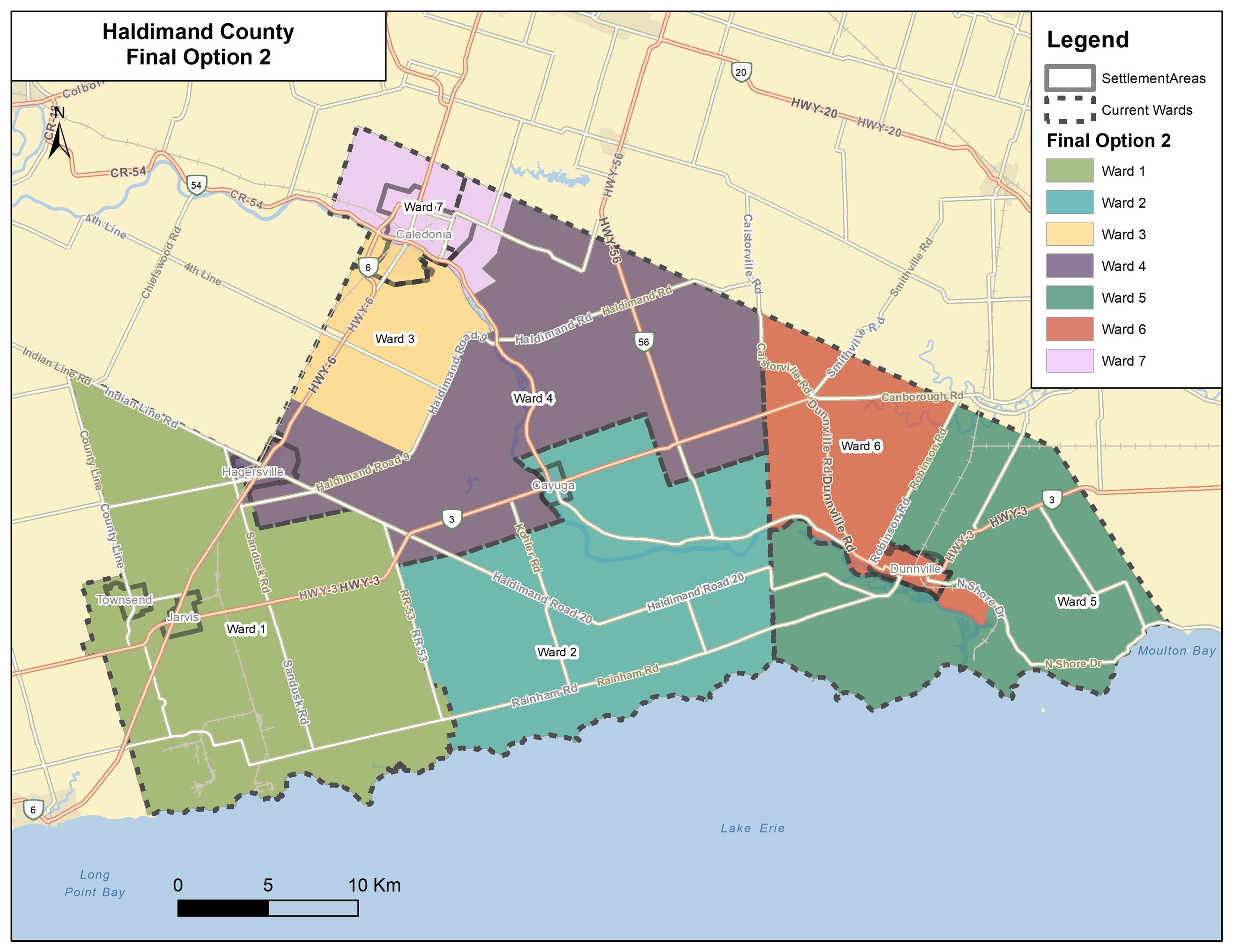 A map of Haldimand County ward boundaries for final recommended option two.